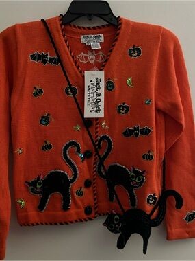 Vtg Jack B. Quick Halloween Cardigan Sweater Sz PS Orange Black Cat Embellished